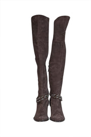 Rodo - Brown Suede Tall Boots w/ Silver Chain Ankle Trim Sz 9 - Current Boutique