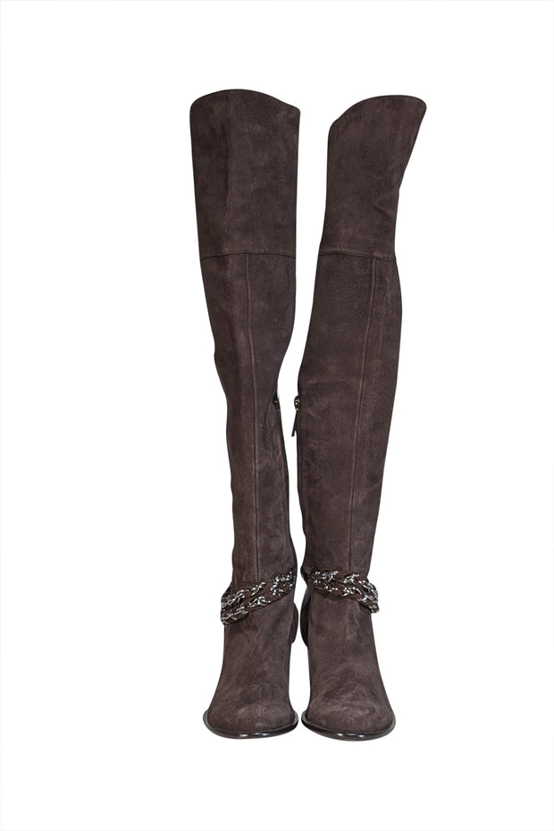 Rodo - Brown Suede Tall Boots w/ Silver Chain Ankle Trim Sz 9 - Current Boutique