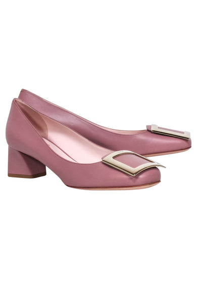 Current Boutique-Roger Vivier - Mauve Leather Chunky Heel Pumps w/ Large Buckle Sz 12