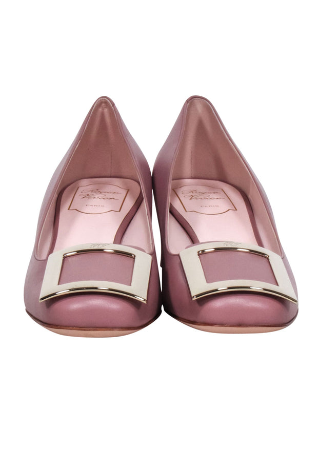 Current Boutique-Roger Vivier - Mauve Leather Chunky Heel Pumps w/ Large Buckle Sz 12