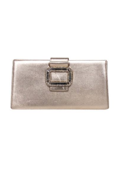 Current Boutique-Roger Vivier - Gold Metallic Clutch w/ Jewel Front Detail