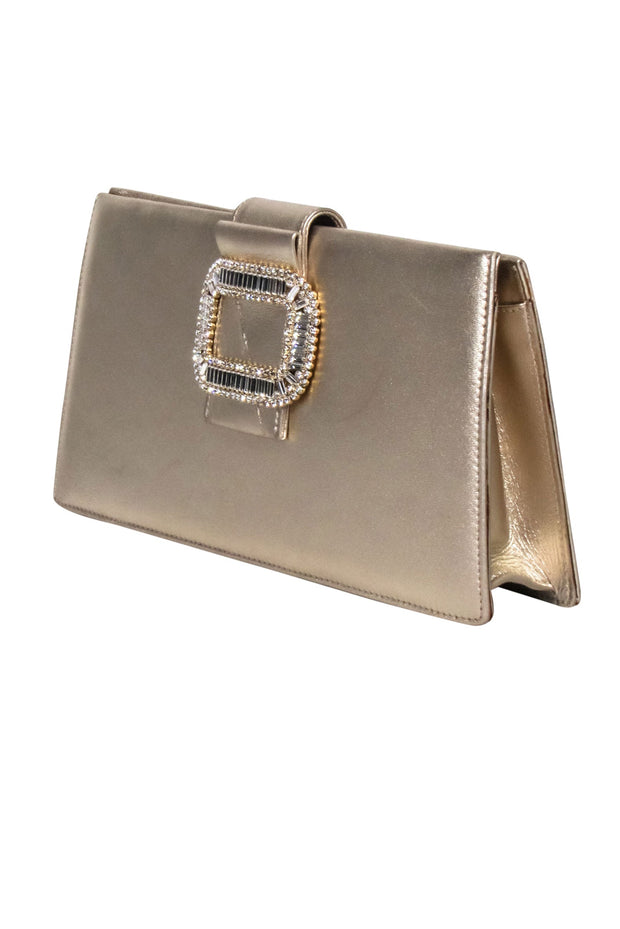 Current Boutique-Roger Vivier - Gold Metallic Clutch w/ Jewel Front Detail