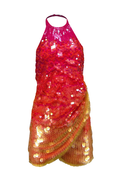 Ronny Kobo - Pink, Orange, & Yellow Ombre Sequin Halter Dress Sz S - Current Boutique