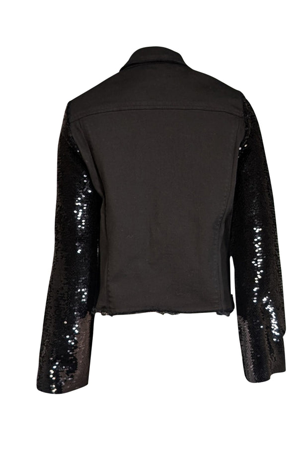 RtA - Black Denim Button Front Jacket w/ Sequin Sleeve "Haylee" Jacket Sz M - Current Boutique