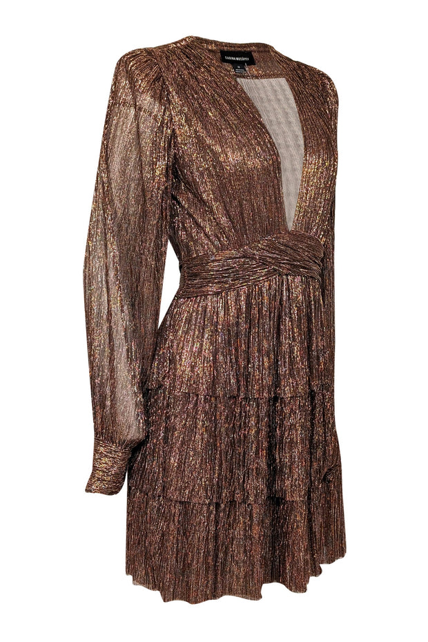 Current Boutique-Sabina Musayev - Copper & Black Metallic V-neckline Dress Sz M