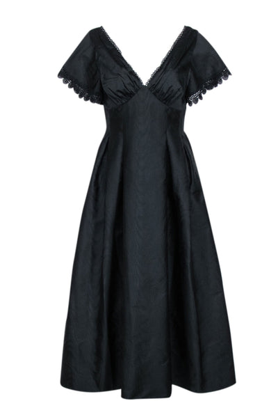 Current Boutique-Sachin & Babi - Black Moire Taffeta Midi Dress w/ Eyelet Lace Trim Sz 6