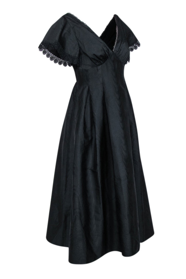Current Boutique-Sachin & Babi - Black Moire Taffeta Midi Dress w/ Eyelet Lace Trim Sz 6