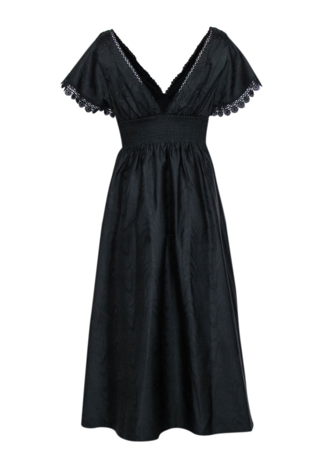Current Boutique-Sachin & Babi - Black Moire Taffeta Midi Dress w/ Eyelet Lace Trim Sz 6