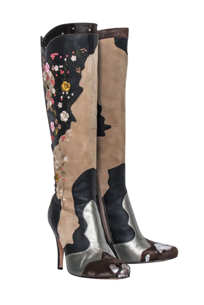 Current Boutique-Sam Edelman - Brown & Beige Floral Embroidered Leather Tall Boots Sz 6