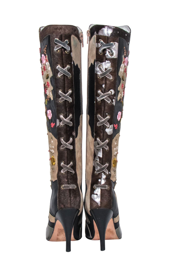 Current Boutique-Sam Edelman - Brown & Beige Floral Embroidered Leather Tall Boots Sz 6