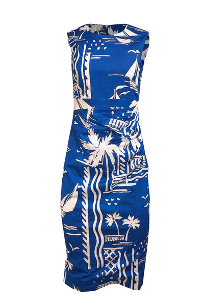 Current Boutique-Samantha Sung - Blue w/ White & Beige Tropical Print Ruched Midi Dress Sz 2