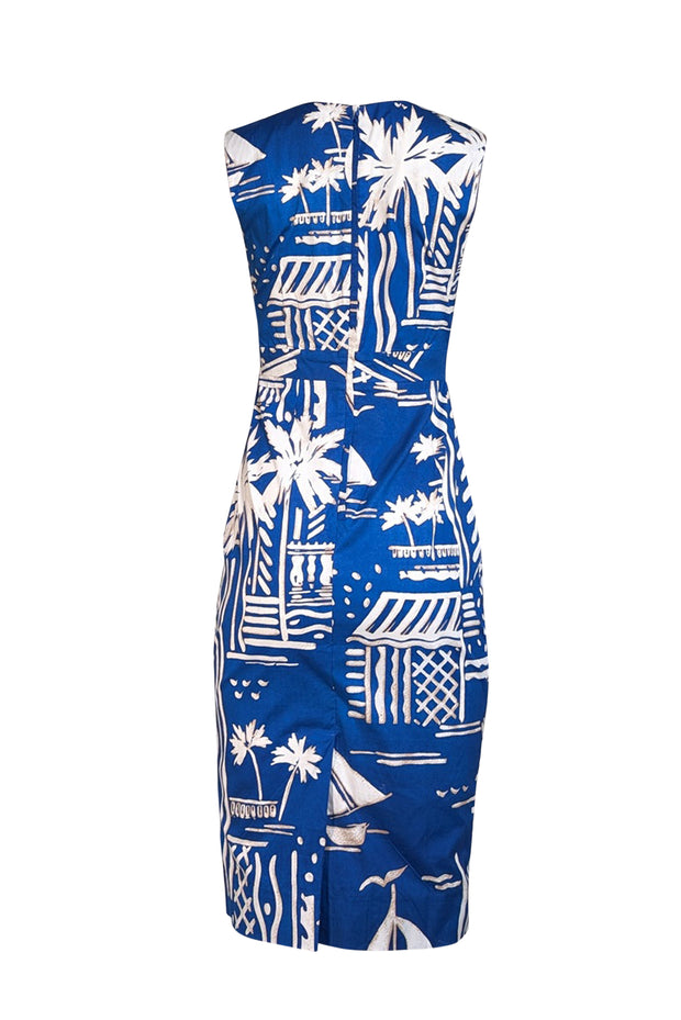 Current Boutique-Samantha Sung - Blue w/ White & Beige Tropical Print Ruched Midi Dress Sz 2