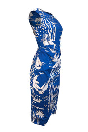 Current Boutique-Samantha Sung - Blue w/ White & Beige Tropical Print Ruched Midi Dress Sz 2