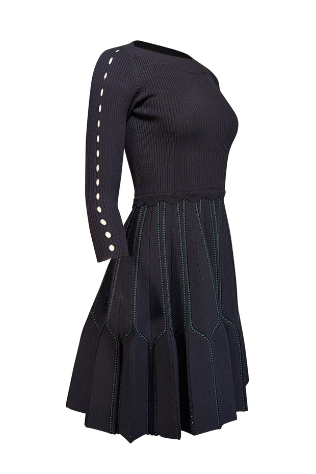 Current Boutique-Sandro - Navy Ribbed Knit Dress w/ Pleated Skirt Sz 4