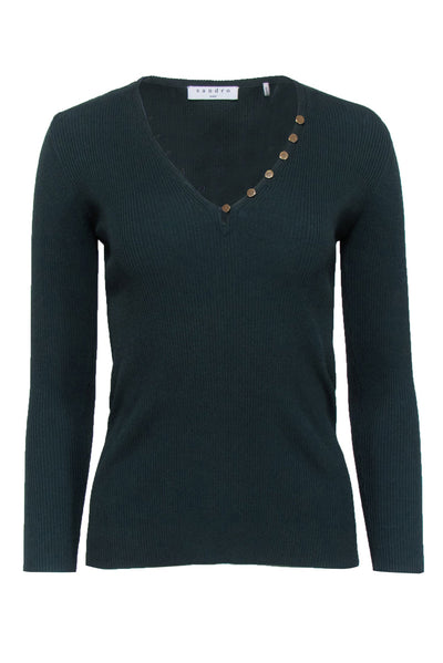 Current Boutique-Sandro - Dark Green Ribbed Knit V-Neck Top Sz S