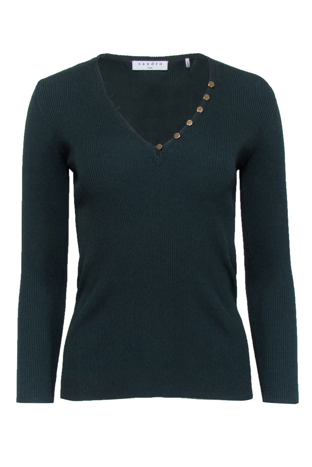 Current Boutique-Sandro - Dark Green Ribbed Knit V-Neck Top Sz S