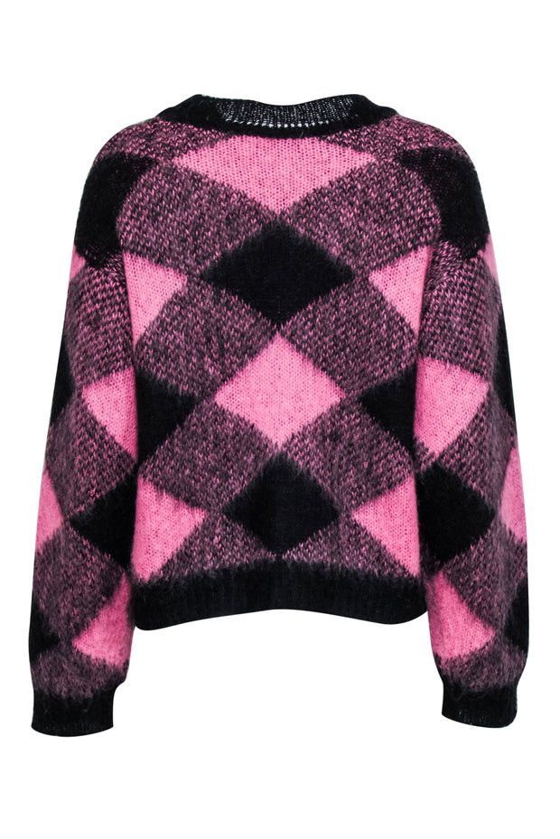 Current Boutique-Sandro - Pink & Black Diamond Patterned Mohair Blend Sweater Sz M