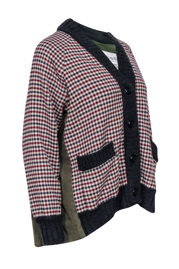 Current Boutique-Sea NY - "Petra" Beige & Red Plaid Cardigan w/ Olive Backing Sz S
