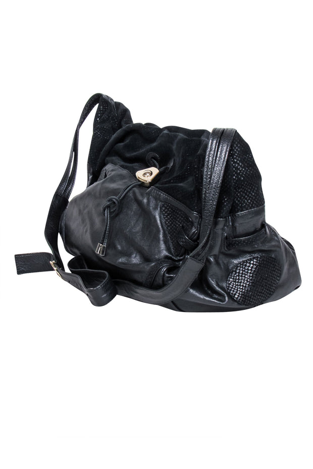 Current Boutique-See by Chloe - Black Leather & Suede Drawstring Crossbody Bag