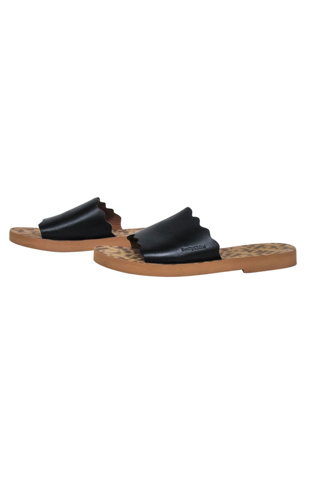 Current Boutique-See by Chloe - Black Leather Scallop Edge Slide Sandals Sz 10