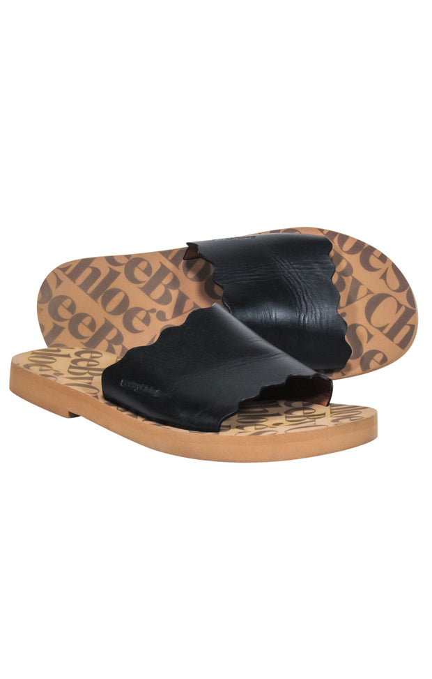 Current Boutique-See by Chloe - Black Leather Scallop Edge Slide Sandals Sz 10