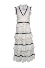 Current Boutique-Self-Portrait - Ivory Tiered Lace Midi Dress w/ Black Trim Sz 6