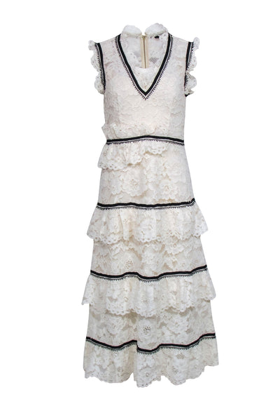 Current Boutique-Self-Portrait - Ivory Tiered Lace Midi Dress w/ Black Trim Sz 6