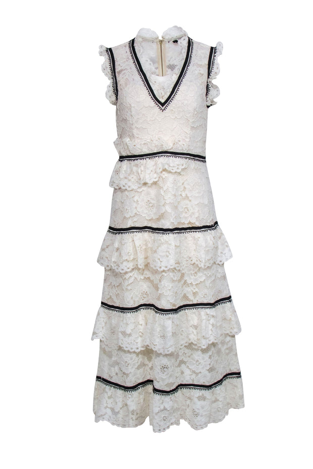 Current Boutique-Self-Portrait - Ivory Tiered Lace Midi Dress w/ Black Trim Sz 6