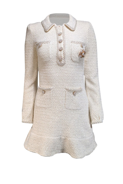 Current Boutique-Self-Portrait - Cream Metallic Knit Embellished Dress Sz S