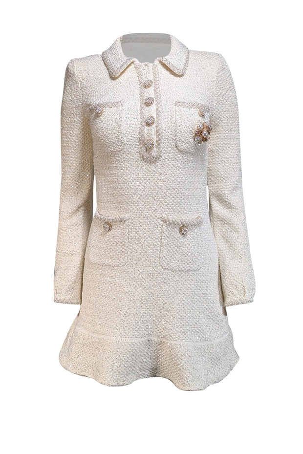 Current Boutique-Self-Portrait - Cream Metallic Knit Embellished Dress Sz S