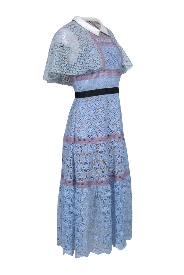 Current Boutique-Self-Portrait - Blue, Lavender, & Cream Lace "Guipure Cape Midi Dress" Sz 8