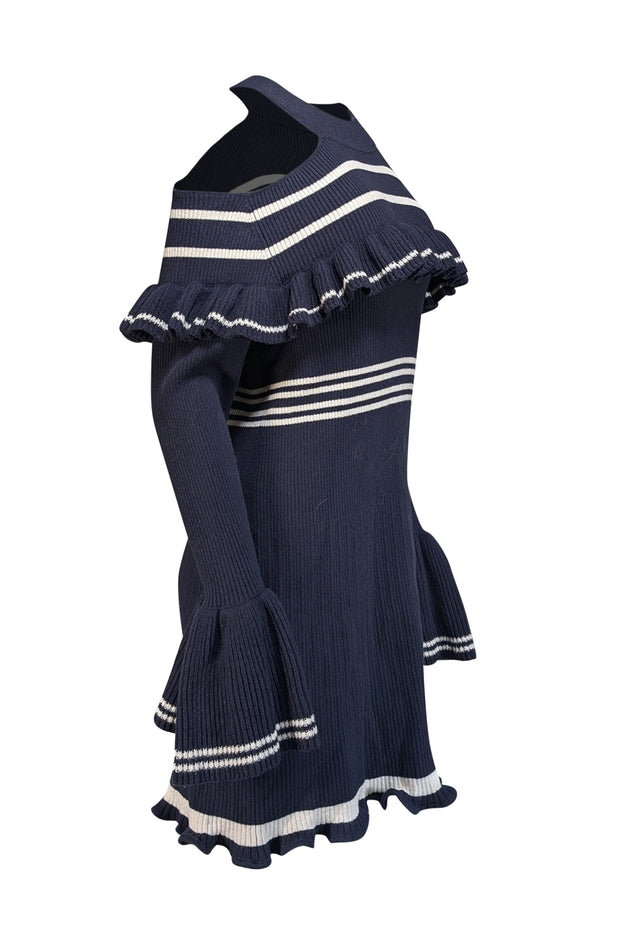 Self-Portrait - Navy Ribbed Knit Cold Shoulder Knit Dress Sz L - Current Boutique