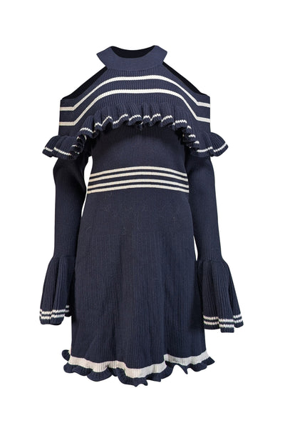 Self-Portrait - Navy Ribbed Knit Cold Shoulder Knit Dress Sz L - Current Boutique