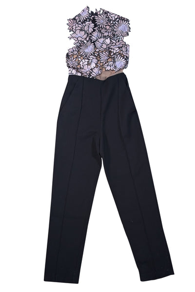 Self-Portrait - Black, Pink, & Lavender Eyelet Lace Bodice Jumpsuit Sz 0 - Current Boutique