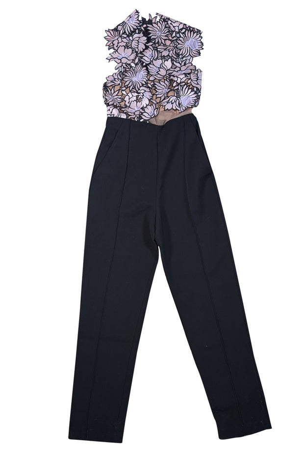 Self-Portrait - Black, Pink, & Lavender Eyelet Lace Bodice Jumpsuit Sz 0 - Current Boutique