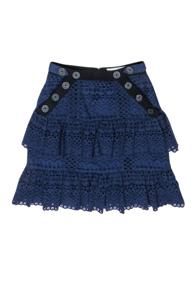 Current Boutique-Self-Portrait - Navy Eyelet Tiered Flounce Skirt Sz 2