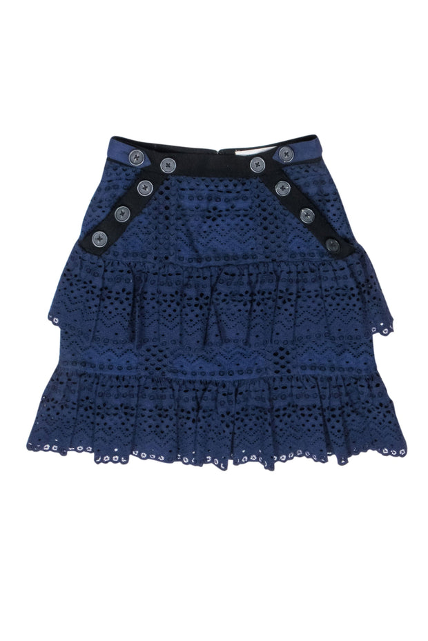 Current Boutique-Self-Portrait - Navy Eyelet Tiered Flounce Skirt Sz 2