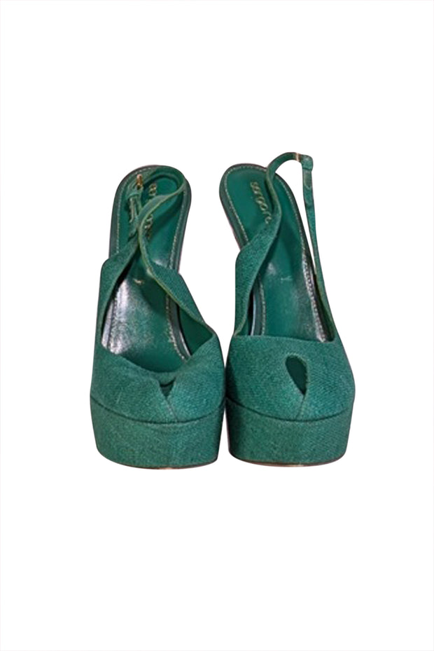 Current Boutique-Sergio Rossi - Green Strappy Canvas Heels Sz 9.5