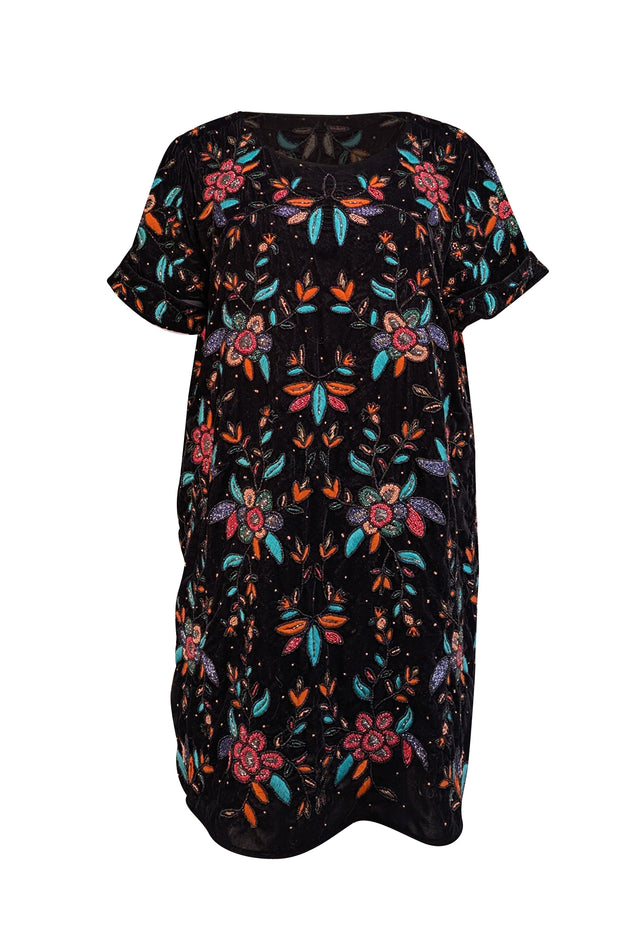 Sezane - Black Velvet w/ Pink, Orange, & Green Beaded Detail "Ema" Dress Sz 10 - Current Boutique