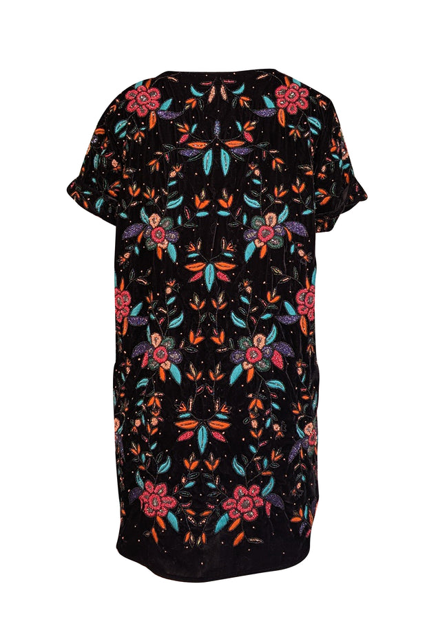 Sezane - Black Velvet w/ Pink, Orange, & Green Beaded Detail "Ema" Dress Sz 10 - Current Boutique
