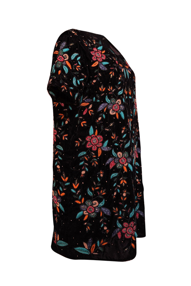 Sezane - Black Velvet w/ Pink, Orange, & Green Beaded Detail "Ema" Dress Sz 10 - Current Boutique