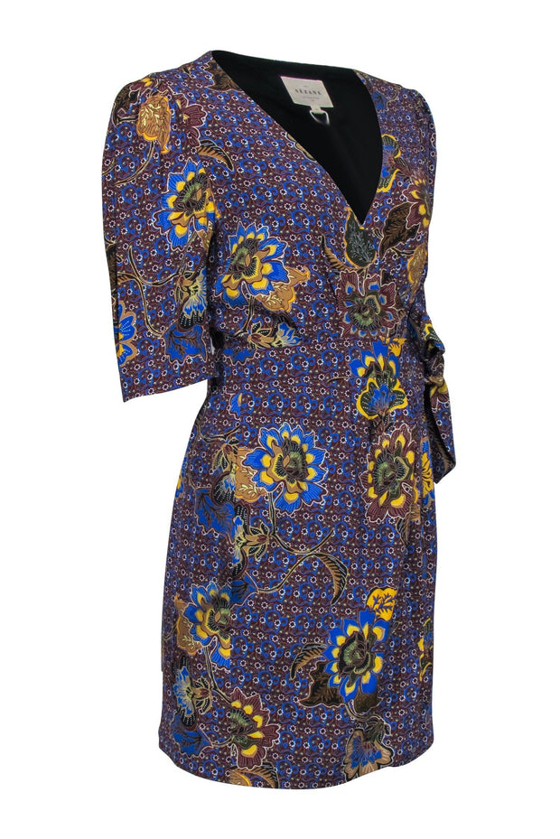 Current Boutique-Sezane - Maroon & Blue Floral Paisley Print Short Sleeve Wrap Dress Sz 10
