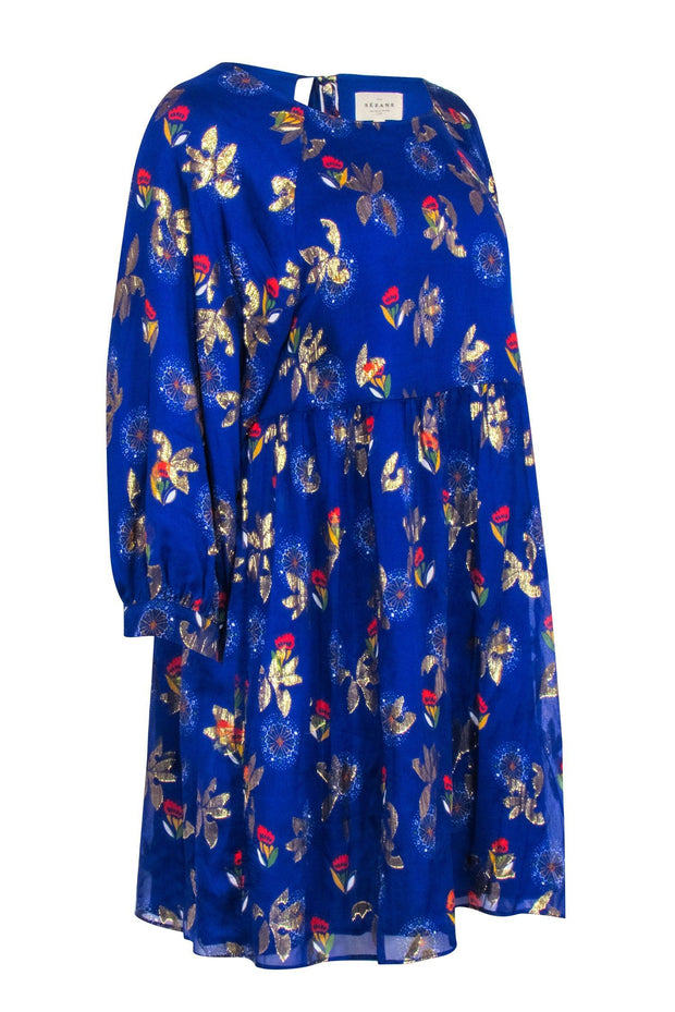 Current Boutique-Sezane - Royal Blue w/ Gold & Multi Color Floral Print Sz 8