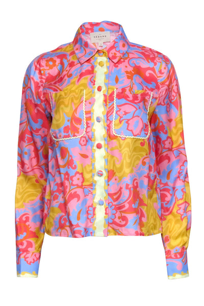 Current Boutique-Sezane - Pink & Multi Color Swirl Print Button Down Top Sz 6