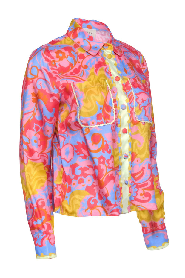 Current Boutique-Sezane - Pink & Multi Color Swirl Print Button Down Top Sz 6