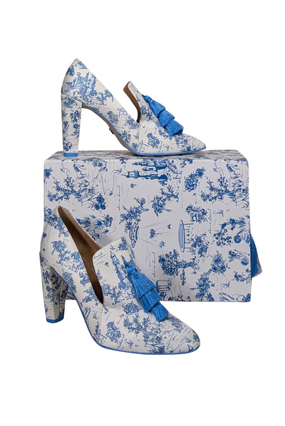 Current Boutique-She Is Cheval - White & Blue Toile Print Satin Heels Sz 8.5
