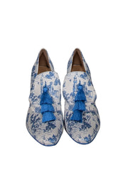 Current Boutique-She Is Cheval - White & Blue Toile Print Satin Heels Sz 8.5