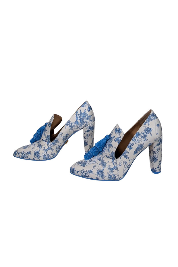 Current Boutique-She Is Cheval - White & Blue Toile Print Satin Heels Sz 8.5