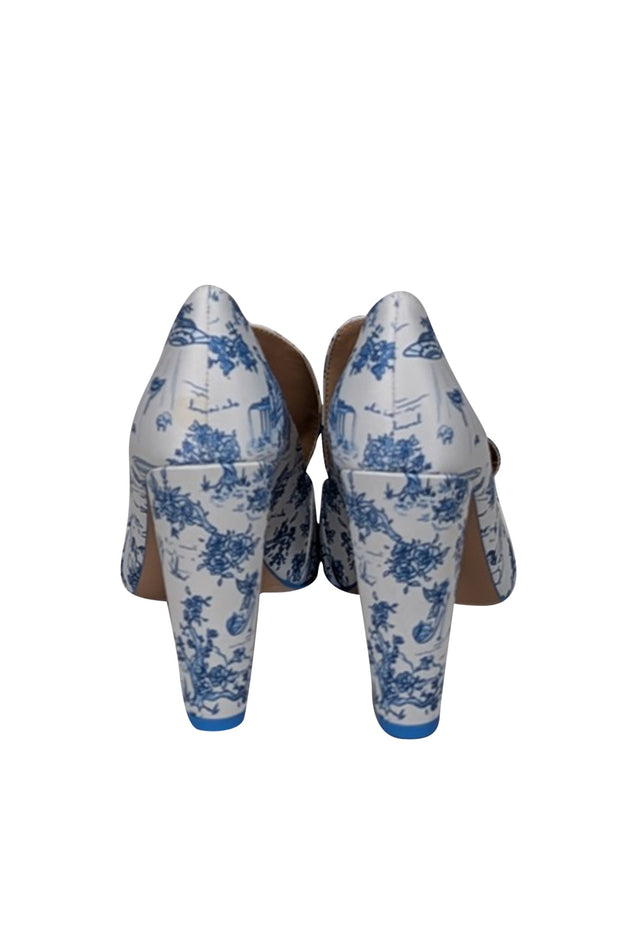 Current Boutique-She Is Cheval - White & Blue Toile Print Satin Heels Sz 8.5
