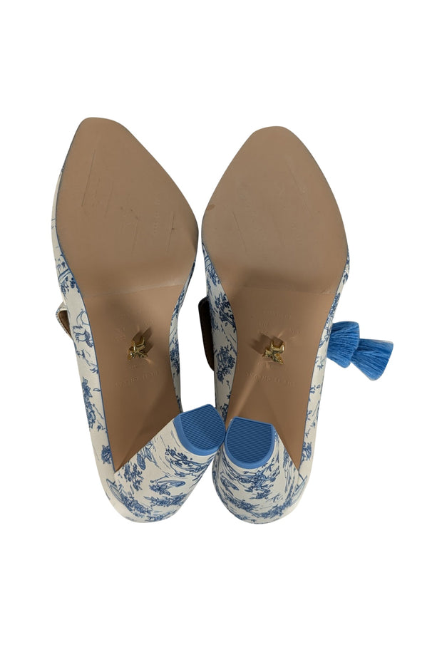Current Boutique-She Is Cheval - White & Blue Toile Print Satin Heels Sz 8.5